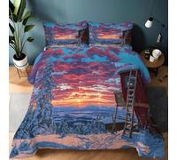 Couette Réversible Montagnes Enneigées Dignes D'Un Rêve Maisons Bois 220 x 240 cm Imprimée 4 Saisons pour Lit 2 Personnes, Edredon Réversible Légère, Sans Housse, avec 2 Taies d'Oreiller, Couleur