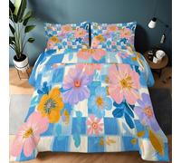 Couette Réversible Motifs Rétro Floraux Et À Carreaux 200 x 200 cm Imprimée 4 Saisons pour Lit 2 Personnes, Edredon Réversible Légère, Sans Housse, avec 2 Taies d'Oreiller 65x65 cm, Bleu Poudre