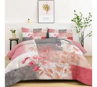 Couette Réversible Pois Motifs Floraux Motifs Patchwork 240 x 260 cm Imprimée 4 Saisons pour Lit 2 Personnes, Edredon Réversible Légère, Sans Housse, avec 2 Taies d'Oreiller 65x65 cm, Gris Rosé