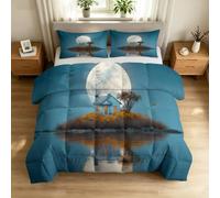 Couette sans Housse 140x200 cm Bleu, Parure Couette Réversible Enfant Île | Édredon Lit 1 Personne avec Taies d'Oreiller, Surréalisme Papillon et Lune, Prêt à Dormir Doux Toutes Saisons Lavable