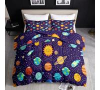 Couette sans Housse 200 x 200 cm 4 Saisons Espace Cartoon Parure de lit | Soleil Lune Étoiles Terre Météorites Douce Couette en Duvet Lavable Réversible Violet 2 Personnes Avec 2 Taies D'Oreiller