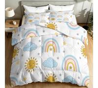 Couette sans Housse 200 x 200 cm, Parure de Lit Prêt à Dormir 4 Saisons - Couette Réversible Lavable et Hypoallergénique avec 2 Taies d'Oreiller, Dessin Animé Minimaliste Soleil Nuages Étoiles Blanc