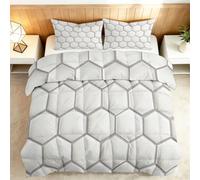 Couette sans Housse 220x240 cm Moderne Géométrique, Couette Blanc Hexagone Nid Abeille Réversible pour Adultes, Parure de Lit 2 Personnes 4 Saisons Douce et Respirante