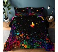 Couette Sans Housse Aquarelle Étoiles Papillons Fleurs, Couette Noir 2 Personnes Réversible Sans Housse 220x240 cm Parure de Lit en Microfibre Douce et Confortable, Lavable en Machine Décor de Chambre