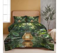Couette Sans Housse Imprimée 140x200cm Étang De Lotus Feuilles De Lotus Lanternes Réversible | Édredon Super Doux Couette Style Zen Japonais Pour 4 Saisons Pour Lit - 2 Taies D'oreiller 65x65 Cm