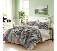 Couette sans Housse Microfibre 200x200 cm avec 2 taies d'oreiller 65x65 cm | Loup Fleurs Arc-En-Ciel Couette Légère Lavable Réversible Animaux Enfantins 4 Saisons Édredon - Coloré