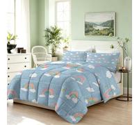 Couette sans Housse Microfibre 220x230 cm avec 2 taies d'oreiller 65x65 cm | Nuages Étoiles Couette Légère Lavable Réversible Arc-En-Ciel Enfantin 4 Saisons Édredon - Bleu Clair