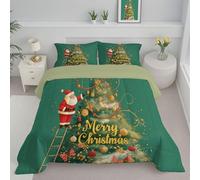 Couette Sapin De Noël Père Noël Imprimée, Légère Style Vacances De Dessin Animé Tempérée Microfibre Vert Lavable Couette avec Taie d'oreiller, pour Adulte Enfant Couettes sans Housse 140x200 cm
