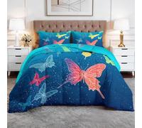 Couette Tout-en-Un 4 Saisons Romance Ciel Étoilé Papillons Lumineux Couette Sans Housse Réversible en Microfibre - Matelassage Losanges Anti-Déplacement - Lavable en Machine - 220 x 240 cm, Bleu