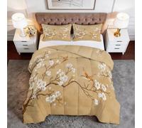 Couette Tout-en-Un 4 SaisonsChinois Fleurs De Prunier ÉléganceCouette Sans Housse Réversible en Microfibre Douce - Matelassage Losanges Anti-Déplacement - Lavable en Machine - 140 x 200 cm, Beige