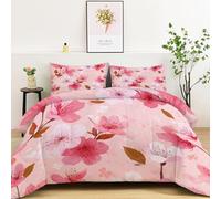 Couettes Imprimée 140 x 200 cm Fleurs De Cerisier En Aquarelle Réversible Couette Collage 4 Saisons - Rose Couette Matelassée pour Lit 2 Personnes, Edredon Couettes sans Houss et 2 Taies d'oreiller