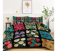 Couettes Imprimée 140 x 200 cm Plante Fleurs Réversible Couette Motif Stylisé Géométrique 4 Saisons - Noir Couette Matelassée pour Lit 2 Personnes, Edredon Couettes sans Houss et 2 Taies d'oreiller