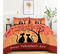 Couettes Imprimée Animaux Chats Arbres Cœurs, Couleur Orange Couette Matelassée Amour 4 Saisons, Ensemble de Literie Réversible avec 2 Taies d'oreiller, 140x200cm Courtepointe Lavable en Machine