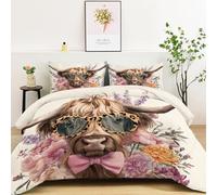 Couettes Imprimée Campagne Vaches Des Highlands Fleurs, Beige Couette Matelassée Animal 4 Saisons, Ensemble de Literie Réversible avec 2 Taies d'oreiller, 200x200cm Courtepointe Lavable en Machine