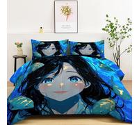 Couettes Imprimée Dessin Animé Fille Poisson, Bleu Foncé Couette Matelassée Anime 4 Saisons, Ensemble de Literie Réversible avec 2 Taies d'oreiller, 220x240cm Courtepointe Lavable en Machine