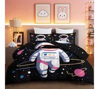 Couettes Imprimée Galaxie Espace Astronaute, Noir Couette Matelassée Dessin Animé 4 Saisons, Ensemble de Literie Réversible avec 2 Taies d'oreiller, 260x240cm Courtepointe Lavable en Machine