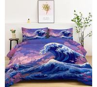 Couettes Imprimée Rétro Vagues De L'Océan Ciel, Bleu Couette Matelassée Dessin Animé 4 Saisons, Ensemble de Literie Réversible avec 2 Taies d'oreiller, 260x240cm Courtepointe Lavable en Machine