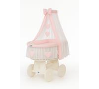 Couffin Amelia en osier avec baldaquin - Linge de lit blanc et rose