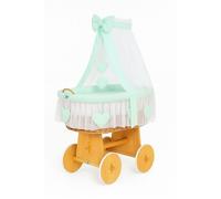 Couffin Amelia en osier avec baldaquin - Linge de lit naturel et menthe