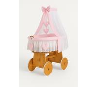 Couffin Amelia en osier avec baldaquin - Linge de lit naturel et rose