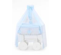 Couffin Amelia en osier de luxe avec baldaquin - Linge de lit blanc et bleu
