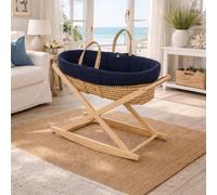 Couffin bébé en fibres naturelles et habillage tissu avec support en pin massif bleu/blanc TU