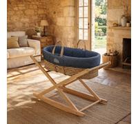 Couffin bébé en fibres naturelles et habillage tissu avec support en pin massif bleu TU