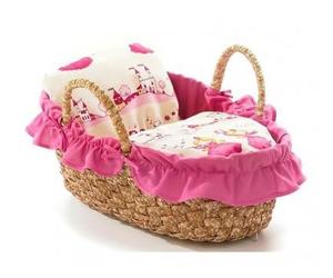 Couffin Garni Rose pour poupée 36 cm : avec Oreiller et Couette Motifs Princesse - Accessoire Poupon - Set Jouet Fille avec 1 Carte