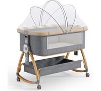 Couffin portable 4 en 1, lit de chevet avec roulettes, moustiquaire et panier de rangement, couffin à bascule réglable en hauteur sur 6 niveaux(D)