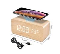 Couleur bambou - Réveil Numérique LED en Bois avec Affichage de la Date, Chargeur à Induction, Tapis de Charg