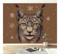 Couleur Caramel 3D Papier Peint Intissé Panoramique 300 x 210 cm Flocons Neige Forme Tête Lynx Dessinés À La Main Grandes Murales Poster pour Salon, Adulte Chambre d'enfants, Étude Décoration