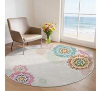 Couleur Claire 60 cm (Round) Tapis Rond Salon Mandala Fleurs Vintage Lavable en Machine, Tapis de Chambre Antidérapant et Doux, Solution Facile à Nettoyer pour Les Maisons avec Enfants ou Animaux
