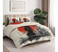 Couleur Claire Réversible Couette 220 x 240 cm, Lavable en Machine Couette Imprimée Samouraï Soleil Arbre Desséché, Légère Édredon Style Japonais 4 Saisons pour Adulte & Paare Decoration Chambre