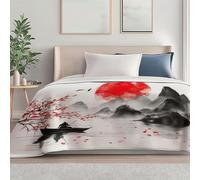 Couleur Couverture de Automne Canapé Lit, Douce Durable Jeté en Flanelle Imprimée de Style Japonais Montagnes Fleurs Soleil Rouge, 150 x 200 cm Convient aux Adultes et aux Enfants