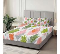 Couleur Drap Housse 180 x 200 cm Motif De Feuilles Peintes À La Main, Doux Résistant Anti-Plis Élastique Tout Autour - Antidérapants Résistant aux Rides Drap Housse en Microfibre