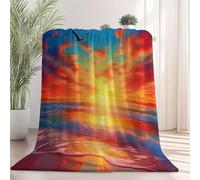 Couleur Orange Couverture en Flanelle Polaire Moelleuse Douce Et Chaude Nature Coucher De Soleil sur La Mer Plage Imprimé Couverture De Canapé pour Adolescents Adultes, 70 x 100 cm