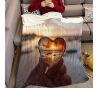 Couleur Orange Couverture Polaire 200 x 220 cm Pendentif Coeur Coucher de Soleil Impression 3D Plaid Polaire Douce Moelleuse Chaudes Flanelle Couverture de Lit Plaid pour Filles et Garçons