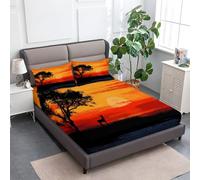 Couleur Orange Drap Housse 200 x 200 cm Coucher De Soleil sur Un Paysage Africain, Doux Résistant Anti-Plis Élastique Tout Autour - Antidérapants Résistant aux Rides Drap Housse en Microfibre