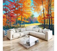 Couleur Orange Papier Peint Intissé Automne Forêt, Champs Feuilles Chemins 3D Papier Peint Panoramique 300 X 210 Cmpour Salon Chambre À Coucher Arrière-Plan Tv Hôtel - Poster Tableaux Photo Muraux