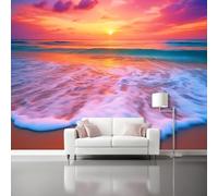 Couleur orange Papier Peint Panoramique Autocollante, Bord de mer tropical vagues coucher de soleil Photo Poster Mural pour Salon Chambre 250 x 175 cm Papier Peint Intissé Maison Décoration Intérieure