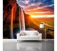 Couleur orange Papier Peint Panoramique Autocollante, Paysage Cascade Coucher de soleil Photo Poster Mural pour Salon Chambre 300 x 210 cm Papier Peint Intissé Maison Décoration Intérieure