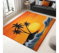 Couleur Orange Tapis Salon Affiche Rétro Coucher Soleil Palmiers Vagues Mer Intérieur Doux Flanelle Tapis Chambre, Poil Court Lavable Antidérapant Moquette, pour Salon Chambre À Manger 120 x 180 cm