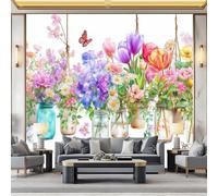 Couleur Papier Peint Intissé Fresque Murale 300 x 210 cm, Exquis Vase Fleurs Plantes Poster Murale Photo, pour Salon Chambre Salle à Manger Effaçable Papier Peint Panoramique