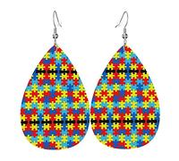 Couleur Puzzle trouble autistique motif boucles d'oreilles en cuir pour femmes balancent boucle d'oreille goutte pendentif avec crochet cadeaux pour fille adulte