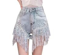 Couleur unie, taille haute, serti de diamants, pompon lourd, un mot, jambe large, short hipster, bleu, S