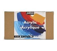 PEBEO - Studio Acrylics - Set 12 Tubes 20 Ml Couleurs Assorties + Accessoires - Kit de Peinture Acrylique pour Artiste et Débutant - Pinceaux + Spatule + Carton Toilé - Couleurs Lumineuses