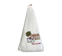 COULEURS D'ICI Torchon Rond brodé - Maison Normande et Vache - 100% Coton - Souvenir de Normandie - Décoration de Cuisine Rustique et régionale (Blanc)