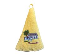 COULEURS D'ICI Torchon Rond brodé - Maison Normande et Vache - 100% Coton - Souvenir de Normandie - Décoration de Cuisine Rustique et régionale (Jaune)