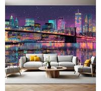 Couleurs NéOn Papier Peint Panoramique Pont de Brooklyn la nuit 3D Trompe L'oeil Moderne Papier Peint 250 x 175 cm Grandes Murales Poster pour Salon, Adulte Chambre d'enfants, Étude Décor
