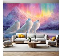 Couleurs NéOn Papier Peint Panoramique Trois loups blancs 3D Trompe L'oeil Moderne Papier Peint 250 x 175 cm Grandes Murales Poster pour Salon, Adulte Chambre d'enfants, Étude Décor